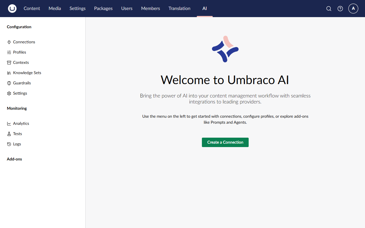 The AI section's welcome screen, with the Configuration, Monitoring and Add-ons groups