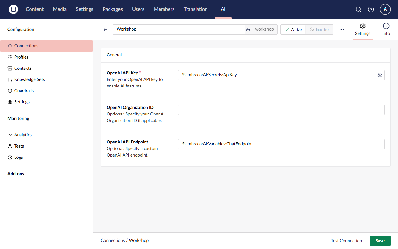 The Workshop connection, with the API key and the endpoint both set to configuration references