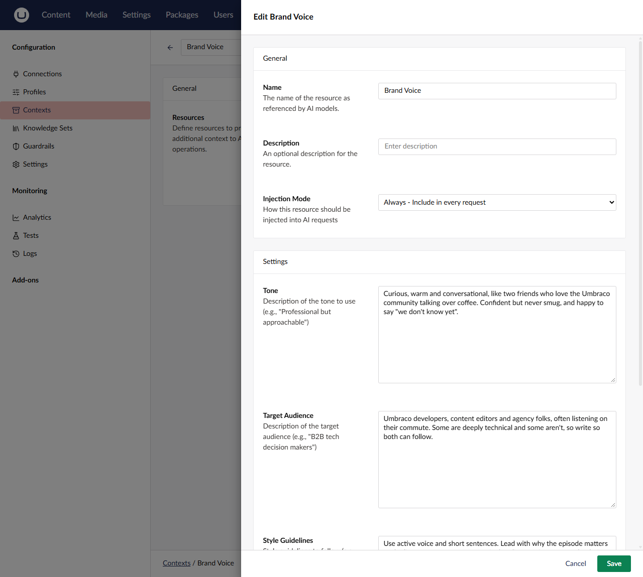 The Brand Voice resource dialog with its settings filled in