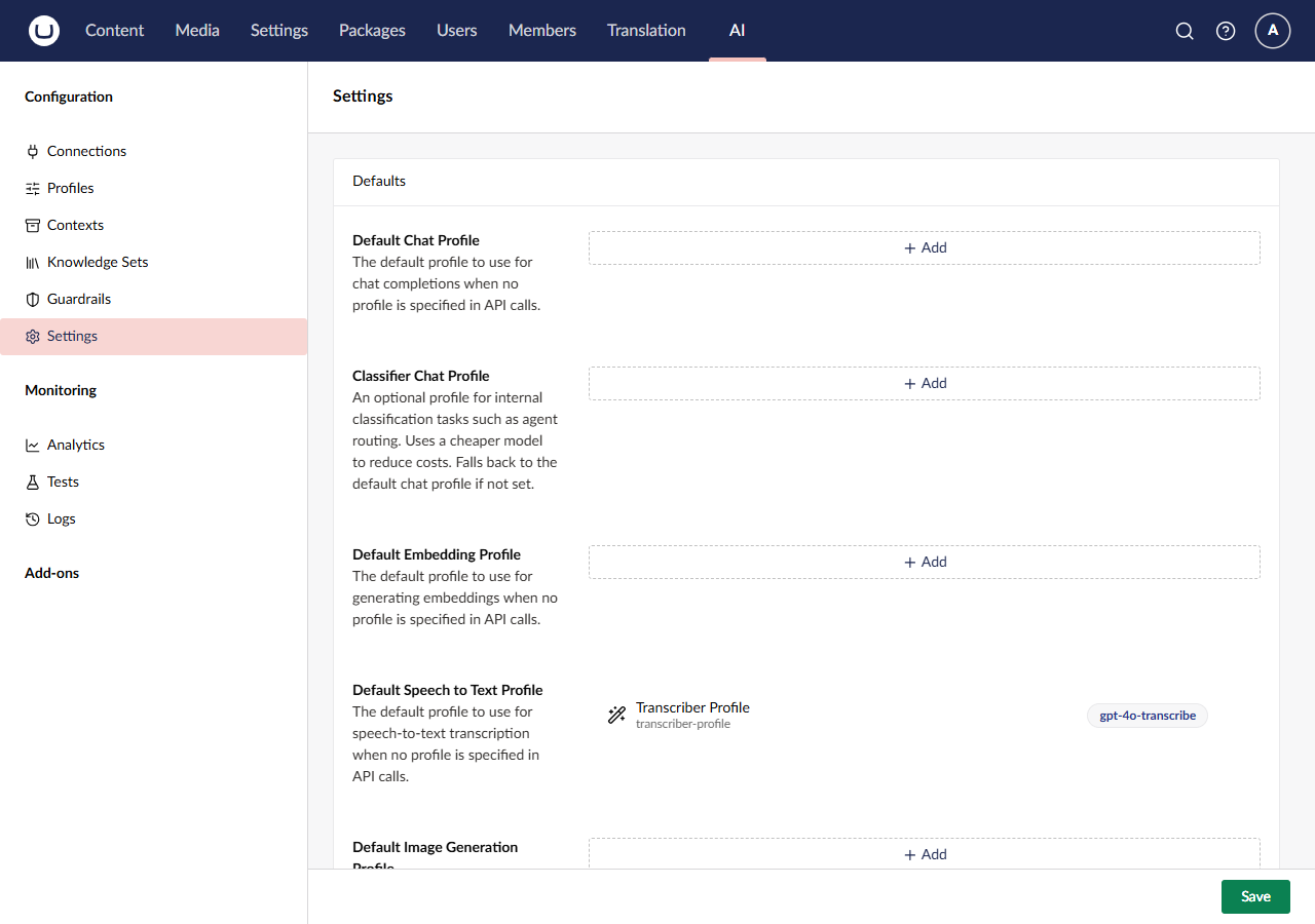 AI Settings, with the Transcriber Profile as the default speech-to-text profile