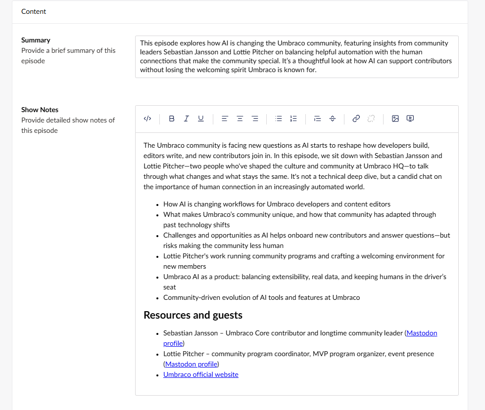 The episode after processing, with the generated Summary and formatted Show Notes