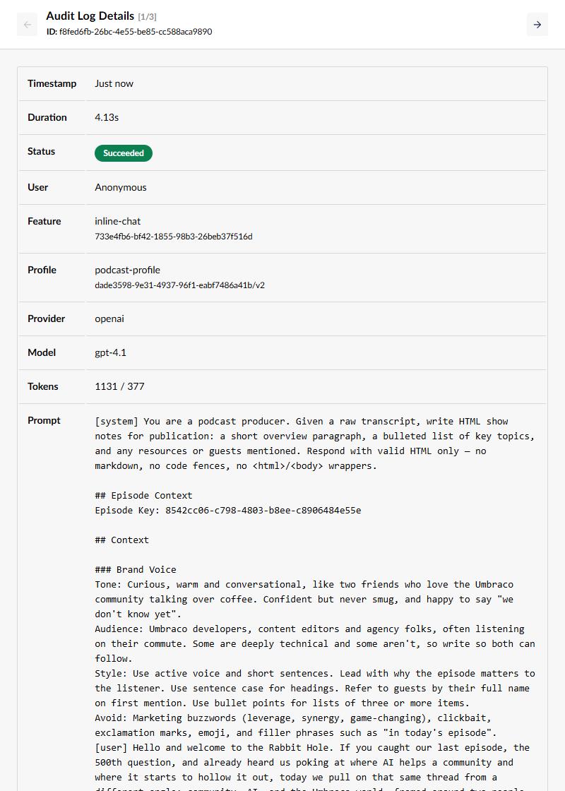 The Audit Log Details panel for the show notes call, showing the system prompt with the injected Brand Voice context and the start of the transcript