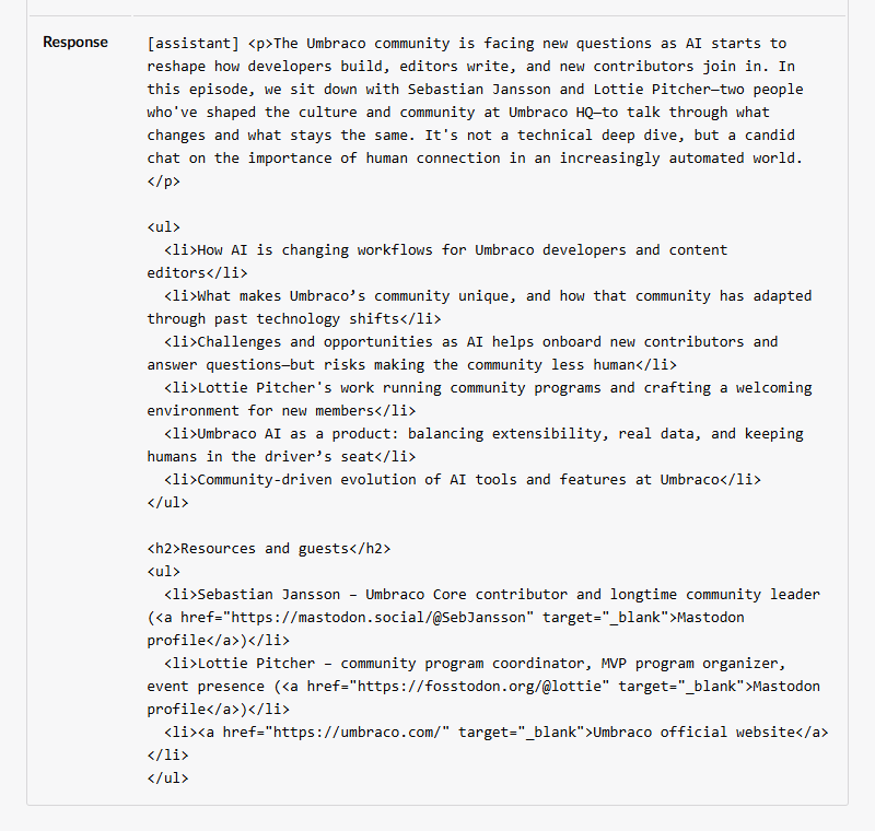 The Response section of the show notes call: the HTML show notes, including invented Mastodon profile links