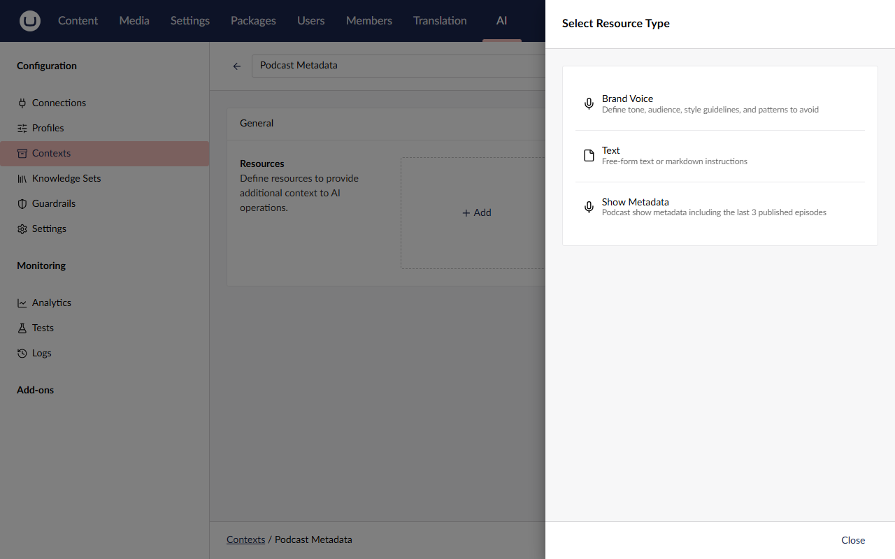 The Select Resource Type dialog listing Brand Voice, Text and Show Metadata