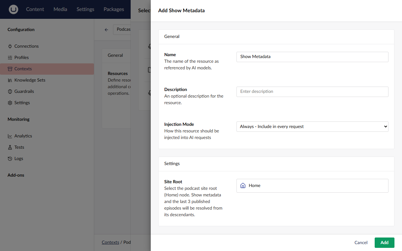 The Add Show Metadata dialog with Injection Mode set to Always and Site Root set to Home