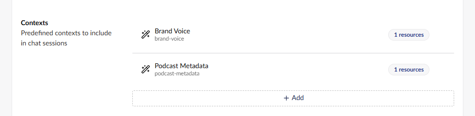 The Podcast Profile's Contexts setting listing Brand Voice and Podcast Metadata