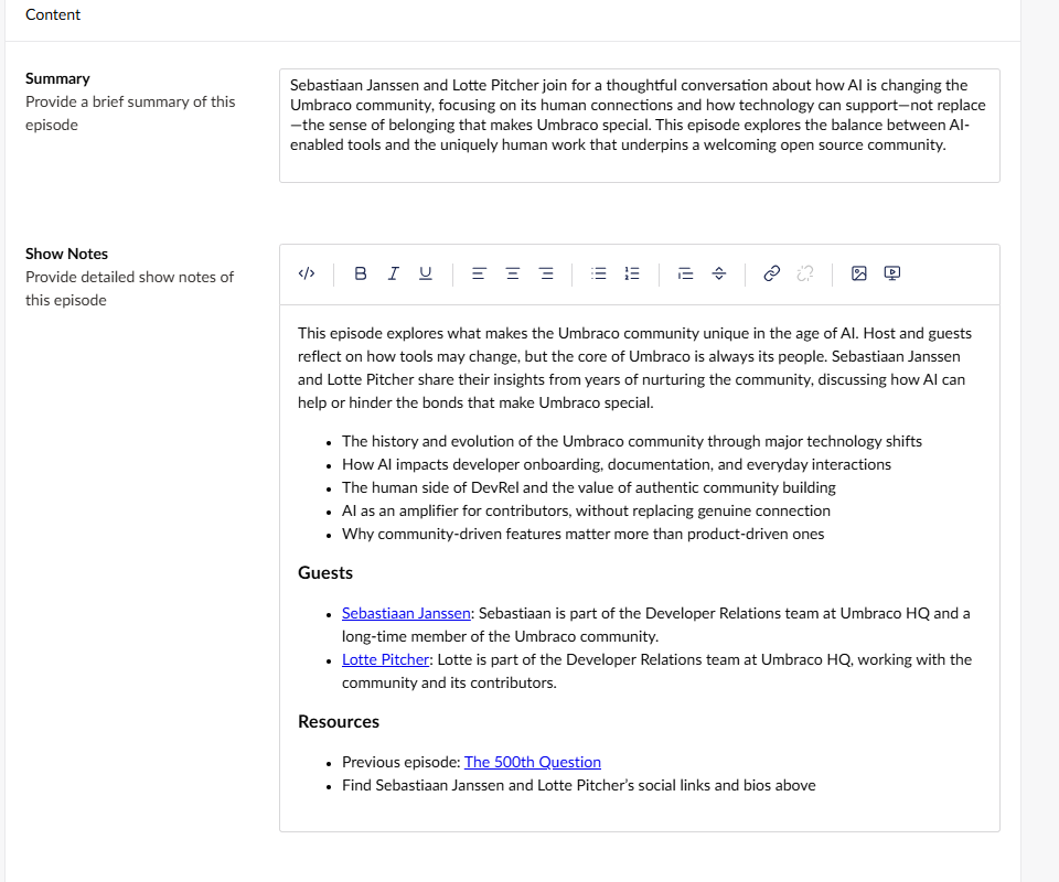 The regenerated summary and show notes crediting Sebastiaan Janssen and Lotte Pitcher, with the link to The 500th Question kept