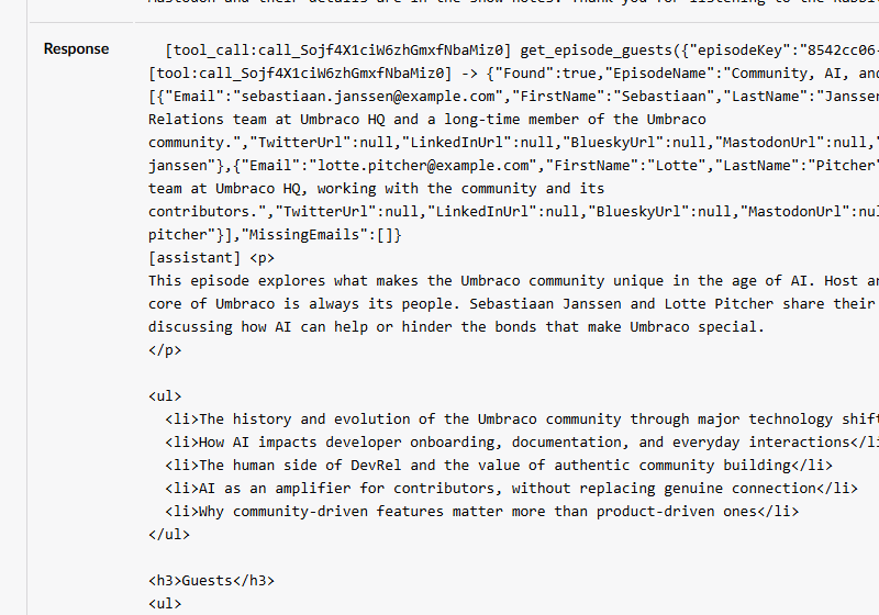 The Response of a show notes log entry: the get_episode_guests tool call, the tool result JSON and the start of the final HTML