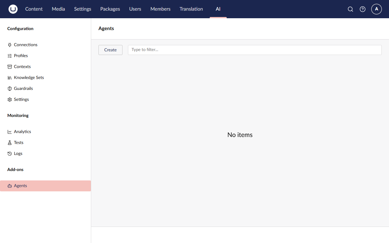 The empty Agents list with its Create button