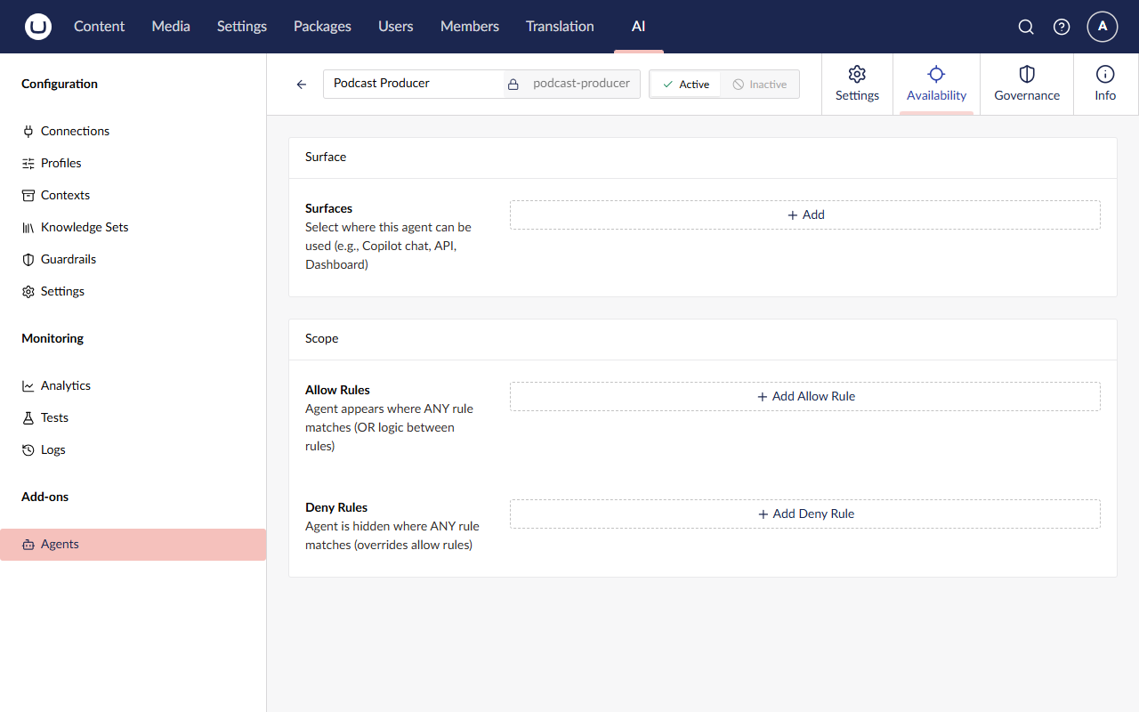 The Availability tab with no surfaces and no allow or deny rules