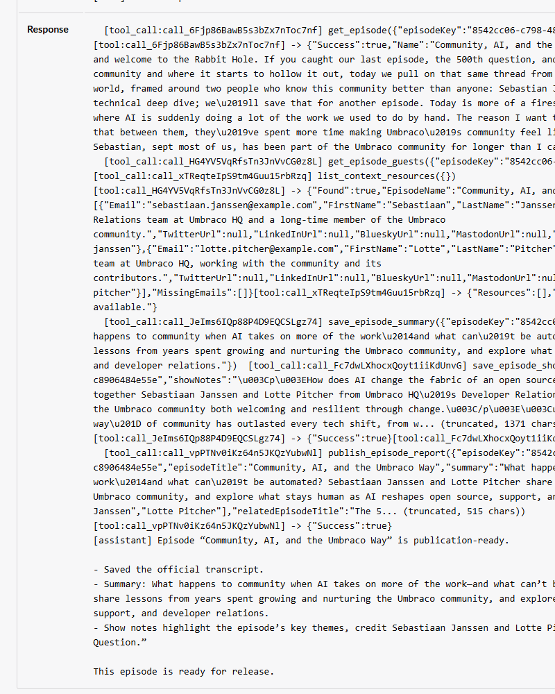 The agent run's Response: get_episode, then get_episode_guests and list_context_resources, the two save tools, publish_episode_report and a short confirmation
