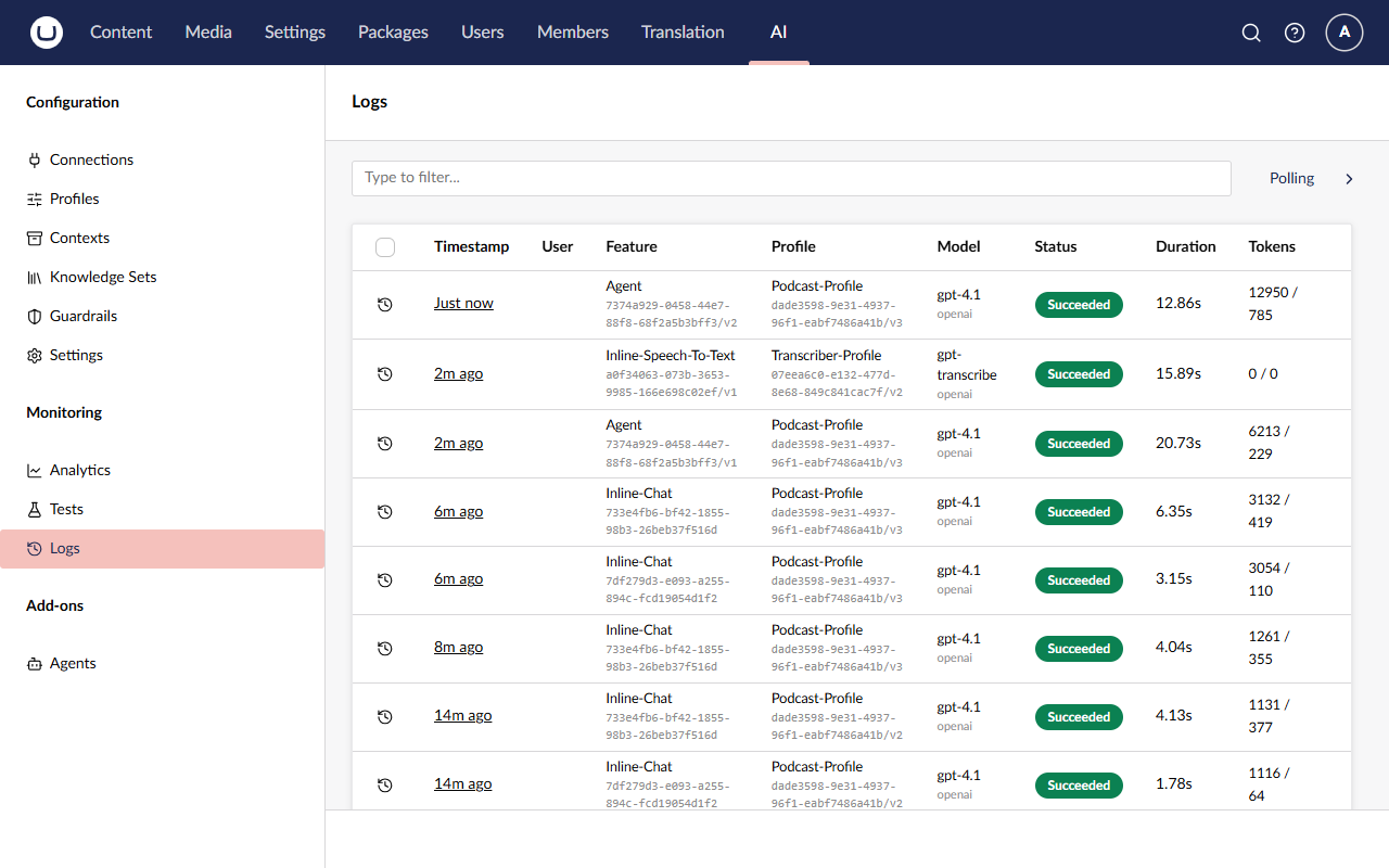 The Logs list: Agent runs at /v2 and /v1 above Lesson 4's two Inline-Chat calls, with their token counts