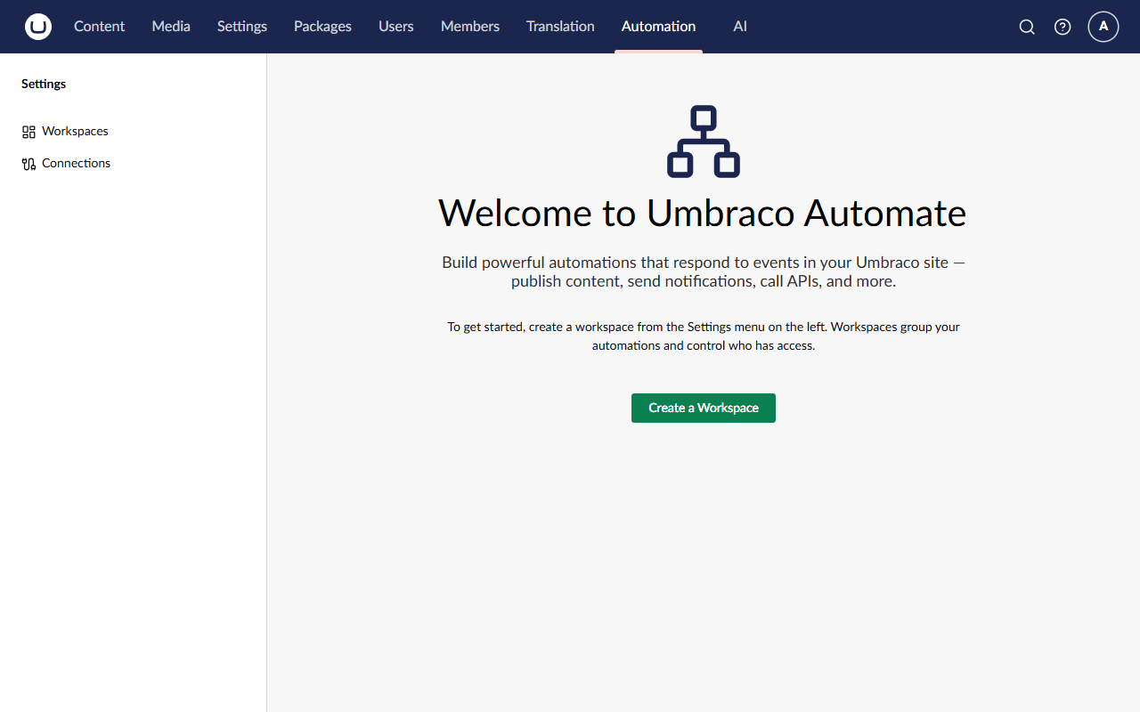 The Automation section's welcome screen, with the Create a Workspace button