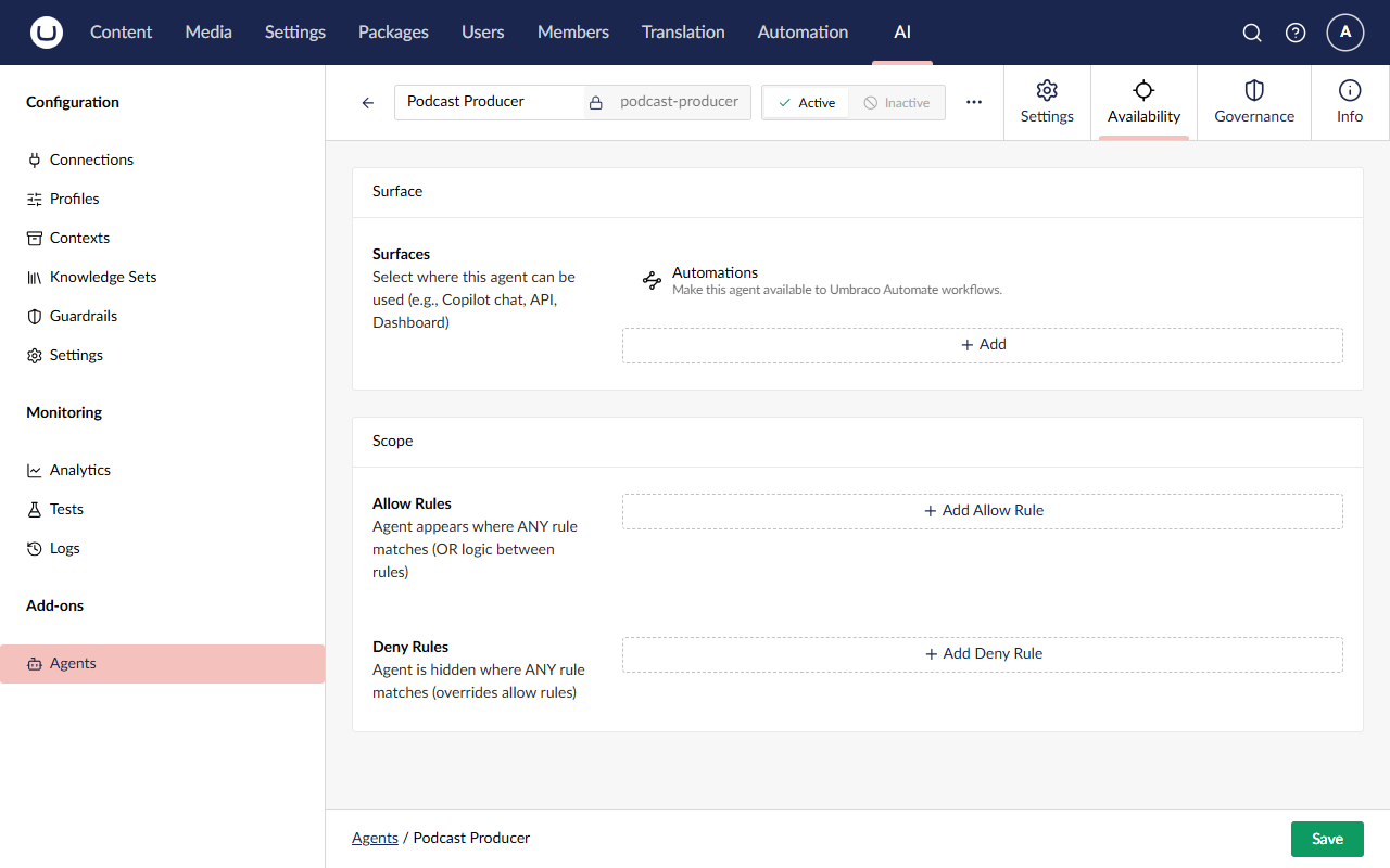 The Podcast Producer agent's Availability tab with the Automations surface added