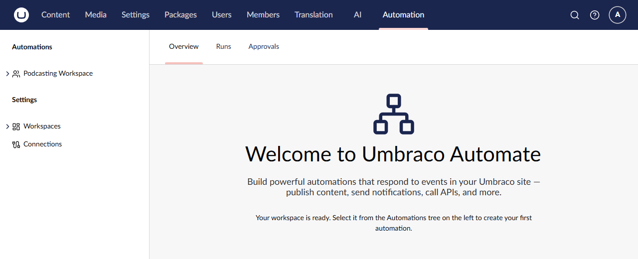 The Automation section after creating the workspace: Overview, Runs and Approvals tabs, and "Your workspace is ready"