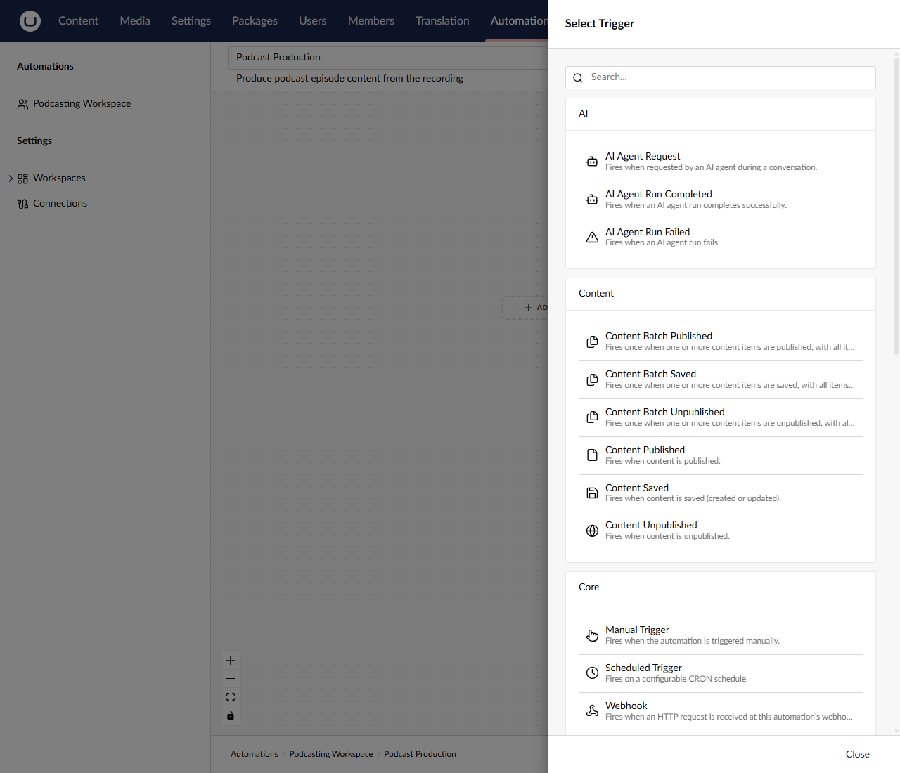 The Select Trigger dialog with its AI, Content and Core groups